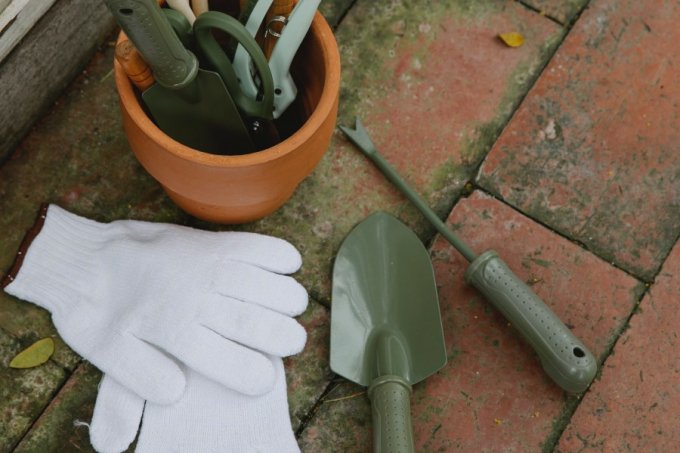 rokavice in pribor za vrtnarjenje na tlakovcih